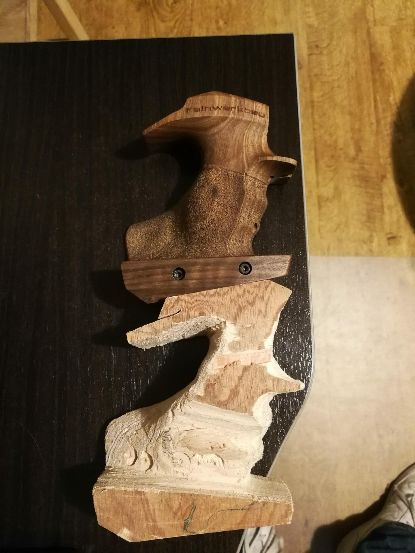 Comparison of a Feinwerkbau P8X pistol grip with a very rough reproduction in the making